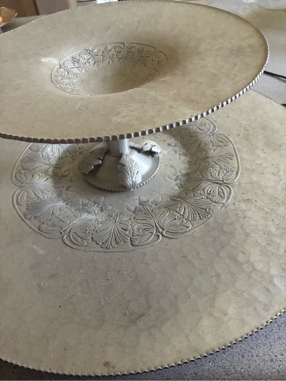 Ornate Two-Tier Metal Display Stand in Silver